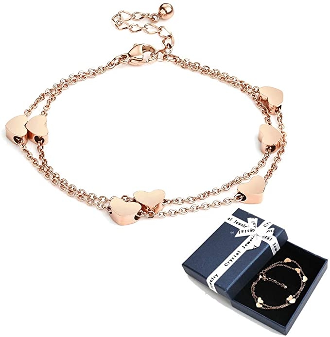 Bracciale a forma di cuore in oro rosa Bracciale a strati con pendenti a cuore Bracciale a doppia catena per bracciale donna Bracciale AMORE in acciaio inox in titanio