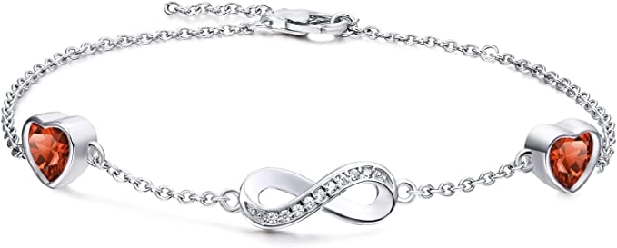 Infinity Bracelet Women's Sterling Silver - Qings Infinity Bracelets Bangle with 2 Heart Birthstone Charms Infinity Adjustable Bracelet Valentine's Day Mother's Day Christmas Gift for Mum Girls