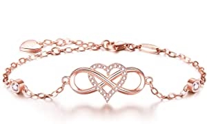 Women’s Infinity Bracelet in White Gold-Plated 925 Sterling Silver with Round Cut Cubic Zirconia - Infinity Heart Charm Bracelet for Women - Together Forever Gift, Silver, B-rose gold