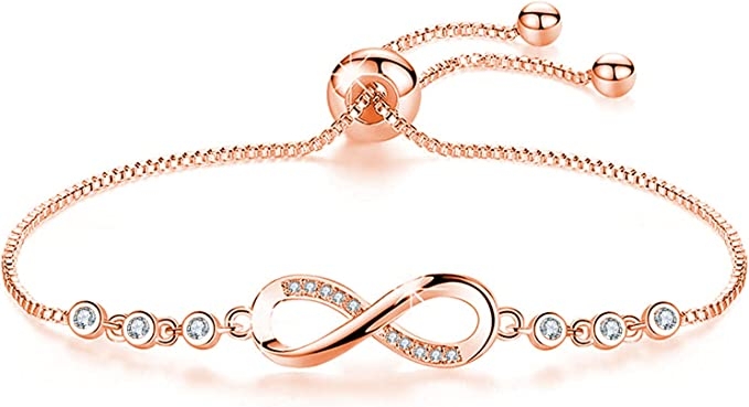 Infinity Heart 14K Rose Gold Plated Bracelet Cubic Zirconia Adjustable Love Bracelets for Women Ladies Jewelry Gifts