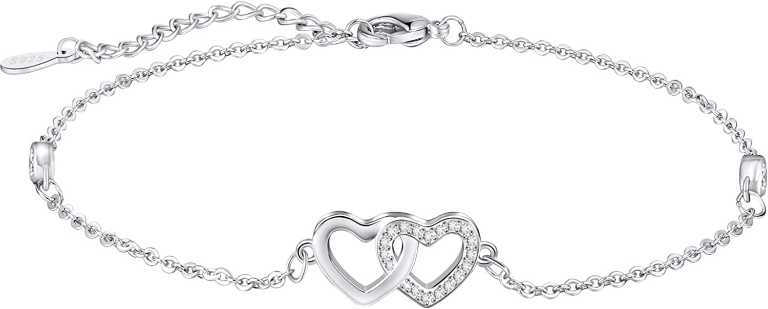 Women Anklet Endless Love Foot Chain Sterling Silver CZ Double Heart Anklet Bracelet Jewellery Gift for Women