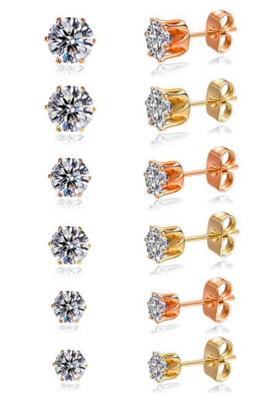 Stud Earings 12Pcs, 6 Pair Brilliant Gem Titanium Steel 18K Rose Gold Silver Stud Earrings Set for Women Men Girls, Ear rings studs Sizes 3 to 8mm